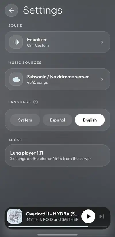 Ajustes con servidor Subsonic / Navidrome e idioma
